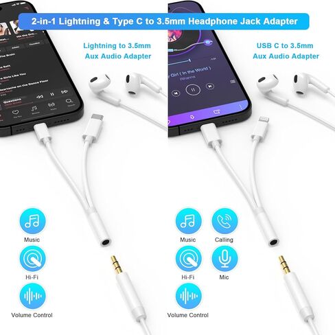 [معتمد من Apple MFi] محول سماعة الرأس iPhone 17 16 15 14، محول مقبس سماعة الرأس 2 في 1 Lightning/USB C إلى 3.5 مم، كابل صوت دونجل محول iPhone Aux لهاتف iPhone 17 16 15 14 13 12 11 in Kuwait