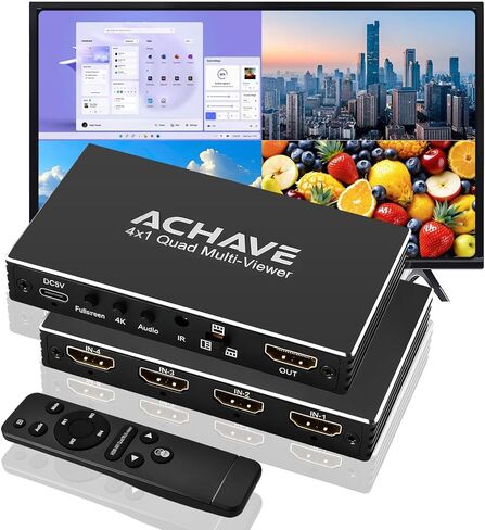 محول HDMI متعدد المشاهد 4x1 من ACHAVE، مقسم شاشة رباعي 4K@30 هرتز مع 10 أوضاع عرض، تحويل سلس، جهاز تحكم عن بعد بالأشعة تحت الحمراء، متوافق مع الكمبيوتر المحمول، Xbox، صندوق التلفزيون in Kuwait
