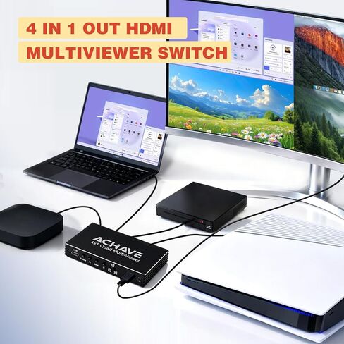 محول HDMI متعدد المشاهد 4x1 من ACHAVE، مقسم شاشة رباعي 4K@30 هرتز مع 10 أوضاع عرض، تحويل سلس، جهاز تحكم عن بعد بالأشعة تحت الحمراء، متوافق مع الكمبيوتر المحمول، Xbox، صندوق التلفزيون in Kuwait