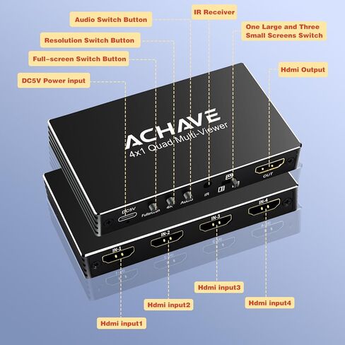 محول HDMI متعدد المشاهد 4x1 من ACHAVE، مقسم شاشة رباعي 4K@30 هرتز مع 10 أوضاع عرض، تحويل سلس، جهاز تحكم عن بعد بالأشعة تحت الحمراء، متوافق مع الكمبيوتر المحمول، Xbox، صندوق التلفزيون in Kuwait