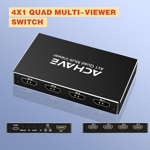محول HDMI متعدد المشاهد 4x1 من ACHAVE، مقسم شاشة رباعي 4K@30 هرتز مع 10 أوضاع عرض، تحويل سلس، جهاز تحكم عن بعد بالأشعة تحت الحمراء، متوافق مع الكمبيوتر المحمول، Xbox، صندوق التلفزيون in Kuwait