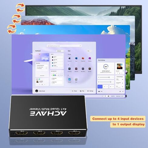 محول HDMI متعدد المشاهد 4x1 من ACHAVE، مقسم شاشة رباعي 4K@30 هرتز مع 10 أوضاع عرض، تحويل سلس، جهاز تحكم عن بعد بالأشعة تحت الحمراء، متوافق مع الكمبيوتر المحمول، Xbox، صندوق التلفزيون in Kuwait