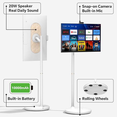 32 Inch Portable TV 2K Smart Touchscreen Monitor, Android Rolling TV with Detachable Magnetic Camera, 20W Audio, Rechargeable Battery, Full Swivel Rotation, Built-in Voice Control in Saudi Arabia