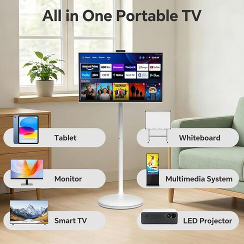32 Inch Portable TV 2K Smart Touchscreen Monitor, Android Rolling TV with Detachable Magnetic Camera, 20W Audio, Rechargeable Battery, Full Swivel Rotation, Built-in Voice Control in Saudi Arabia