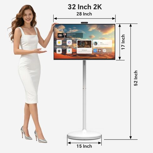 32 Inch Portable TV 2K Smart Touchscreen Monitor, Android Rolling TV with Detachable Magnetic Camera, 20W Audio, Rechargeable Battery, Full Swivel Rotation, Built-in Voice Control in Saudi Arabia