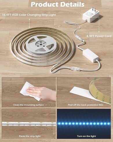 شريط إضاءة RGB COB LED، شريط إضاءة LED COB بطول 16.4 قدم مع جهاز تحكم عن بعد، تطبيق ذكي عاكس للضوء، مزامنة الموسيقى المتغيرة اللون، أضواء LED داخلية ذكية RGB لغرفة النوم، ديكور المنزل، الحفلات in Saudi Arabia