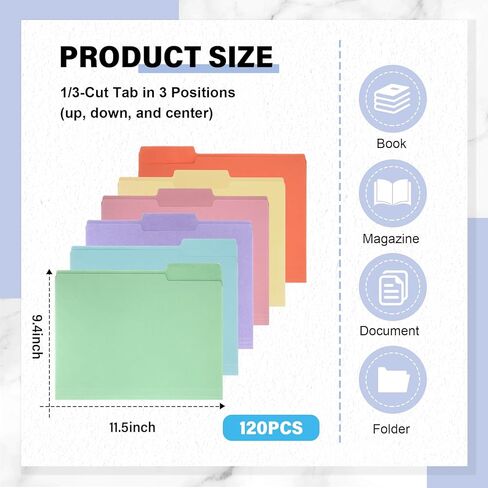 144 Pcs Extra Capacity Colored Hanging File Folders Letter Size Manila Folders with 1/5 Cut Adjustable Tabs1/3 Cut Tab Assorted Positions File Organizer Office Supplies(Bright Color) in Saudi Arabia