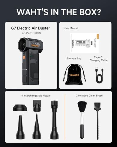 منفضة هواء مضغوط، منفضة هواء كهربائية مع محرك قوي بدون فرش 40 مم، منفاخ يدوي صغير لاسلكي بأربعة سرعات مع ضوء LED، مروحة توربينية قابلة لإعادة الشحن بقدرة 27.75 وات في الساعة للوحة المفاتيح والسيارة والمنزل والخارج in Kuwait