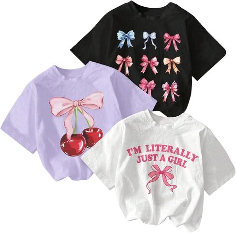 QJQ Girl's 3 Piece Set Bow Cherry Graphic T Shirts Short Sleeve Crewneck Tees Summer Trendy Preppy Cute Tops Clothes in Saudi Arabia