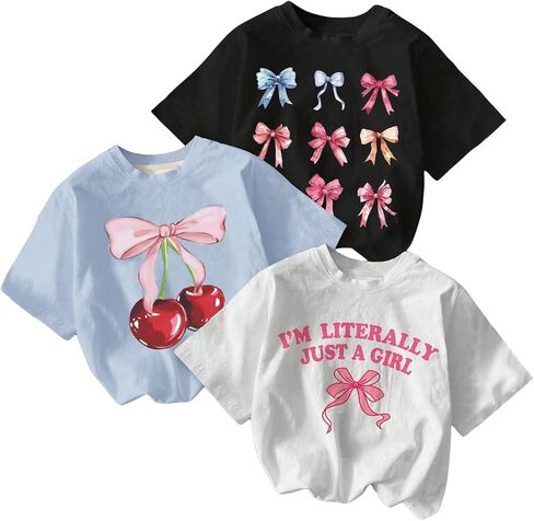 QJQ Girl's 3 Piece Set Bow Cherry Graphic T Shirts Short Sleeve Crewneck Tees Summer Trendy Preppy Cute Tops Clothes in Saudi Arabia