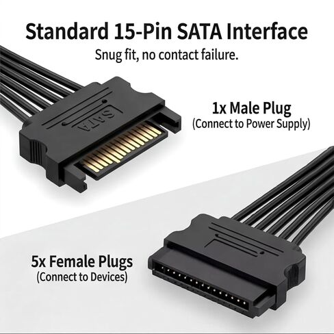 2 حزمة من كابلات مقسم الطاقة Sata من 1 إلى 5 19.7 بوصة (500 مم)، 15 دبوس Sata إلى 5 كابل تمديد مقسم الطاقة Satas لمحرك الأقراص الصلبة وSSD ومحركات الأقراص الضوئية in Kuwait