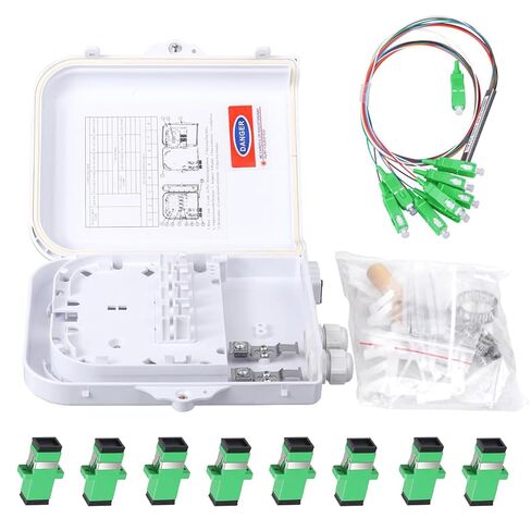 Fiber Optic Distribution Box, 8 Port Wall Mount Enclosure with 8 SC APC Adapters, Singlemode, FTTH, IP65 Waterproof Outdoor/Indoor Use(with 1pc 1 to 8 SC/APC Steel Tube PLC Splitter in Saudi Arabia