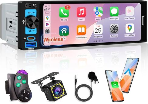 أجهزة استقبال ستيريو للسيارة مقاس 6.5 بوصات مع Apple CarPlay اللاسلكي، وشاشة IPS تعمل باللمس 1280 × 452، وبلوتوث السيارة 5.2، وراديو السيارة FM AM، وكاميرا احتياطية، وشحن سريع USB من النوع C، ونظام Android Auto، ونظام تحديد المواقع العالمي (GPS) in Kuwait
