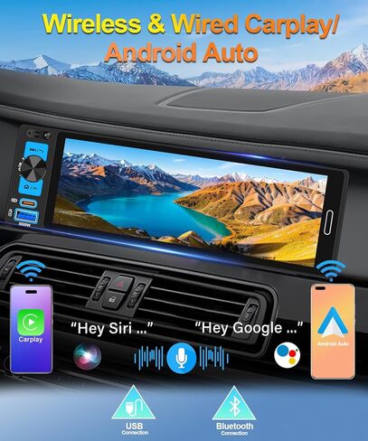 أجهزة استقبال ستيريو للسيارة مقاس 6.5 بوصات مع Apple CarPlay اللاسلكي، وشاشة IPS تعمل باللمس 1280 × 452، وبلوتوث السيارة 5.2، وراديو السيارة FM AM، وكاميرا احتياطية، وشحن سريع USB من النوع C، ونظام Android Auto، ونظام تحديد المواقع العالمي (GPS) in Kuwait