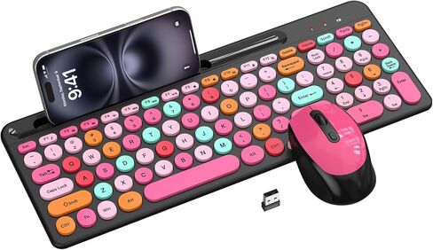 Pink & Black Colorful Wireless Keyboard and Mouse Combo - Round Keycaps, 2.4GHz Retro Typewriter Keyboard with Number Pad, Cute Compact USB Keyboard and Mouse for Computer PC Desktop Laptop Windows in Kuwait