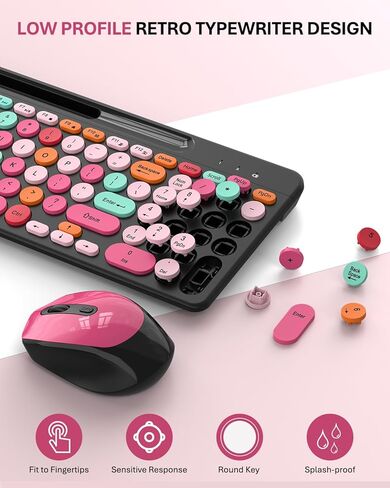 Pink & Black Colorful Wireless Keyboard and Mouse Combo - Round Keycaps, 2.4GHz Retro Typewriter Keyboard with Number Pad, Cute Compact USB Keyboard and Mouse for Computer PC Desktop Laptop Windows in Kuwait