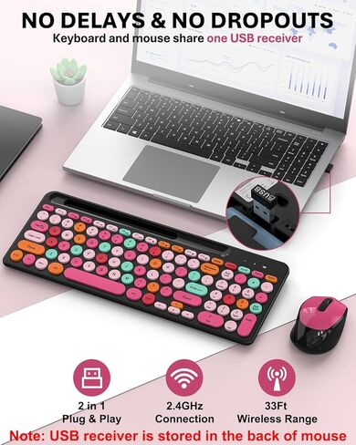 Pink & Black Colorful Wireless Keyboard and Mouse Combo - Round Keycaps, 2.4GHz Retro Typewriter Keyboard with Number Pad, Cute Compact USB Keyboard and Mouse for Computer PC Desktop Laptop Windows in Kuwait