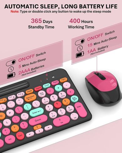 Pink & Black Colorful Wireless Keyboard and Mouse Combo - Round Keycaps, 2.4GHz Retro Typewriter Keyboard with Number Pad, Cute Compact USB Keyboard and Mouse for Computer PC Desktop Laptop Windows in Kuwait