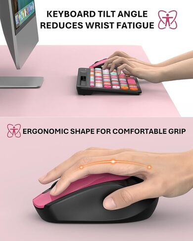 Pink & Black Colorful Wireless Keyboard and Mouse Combo - Round Keycaps, 2.4GHz Retro Typewriter Keyboard with Number Pad, Cute Compact USB Keyboard and Mouse for Computer PC Desktop Laptop Windows in Kuwait