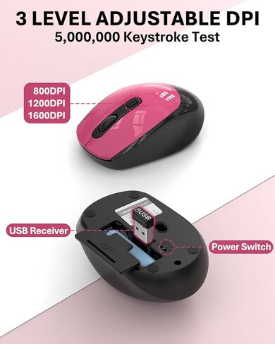 Pink & Black Colorful Wireless Keyboard and Mouse Combo - Round Keycaps, 2.4GHz Retro Typewriter Keyboard with Number Pad, Cute Compact USB Keyboard and Mouse for Computer PC Desktop Laptop Windows in Kuwait