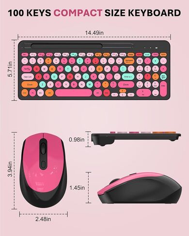 Pink & Black Colorful Wireless Keyboard and Mouse Combo - Round Keycaps, 2.4GHz Retro Typewriter Keyboard with Number Pad, Cute Compact USB Keyboard and Mouse for Computer PC Desktop Laptop Windows in Kuwait