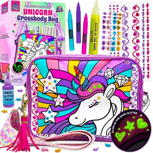 مجموعة الأرجواني الخنفساء DIY Unicorn Crossbody Bag Kit للفتيات مع قلم لامع في الظلام ، ملصقات الأحجار الكريمة وطلاء النسيج ، أفكار هدايا عيد ميلاد الفتاة البالغة من 6 إلى 12 عامًا ، حرف يونيكورن للفتيات ، هدايا لطيفة in Kuwait