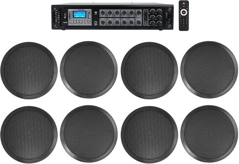 Rockville CC80T Bundle: (8) 8 in 70V Black Commercial Ceiling Speakers, RCS180-6 180-Watt 6-Zone Bluetooth Commercial Amplifier for Restaurant and Bar Audio, 9 Items in Saudi Arabia