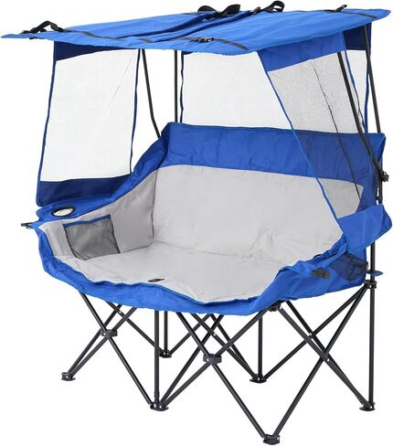 Double Camping Chairs with Canopy Shade Folding Beach Chair Heavy Duty Oversized Outdoor Padded Loveseat Chair 2 Person with Removable Roof Cup Holders Side Pockets Portable Carry Bag,Blue in Saudi Arabia