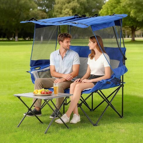Double Camping Chairs with Canopy Shade Folding Beach Chair Heavy Duty Oversized Outdoor Padded Loveseat Chair 2 Person with Removable Roof Cup Holders Side Pockets Portable Carry Bag,Blue in Saudi Arabia