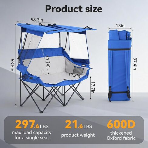 Double Camping Chairs with Canopy Shade Folding Beach Chair Heavy Duty Oversized Outdoor Padded Loveseat Chair 2 Person with Removable Roof Cup Holders Side Pockets Portable Carry Bag,Blue in Saudi Arabia