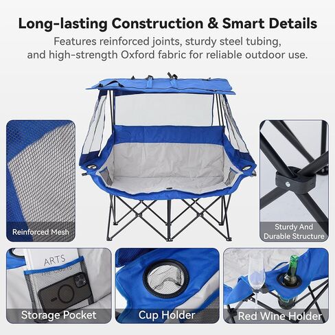 Double Camping Chairs with Canopy Shade Folding Beach Chair Heavy Duty Oversized Outdoor Padded Loveseat Chair 2 Person with Removable Roof Cup Holders Side Pockets Portable Carry Bag,Blue in Saudi Arabia