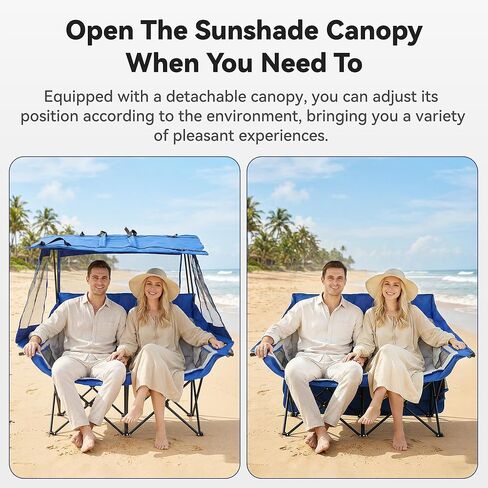Double Camping Chairs with Canopy Shade Folding Beach Chair Heavy Duty Oversized Outdoor Padded Loveseat Chair 2 Person with Removable Roof Cup Holders Side Pockets Portable Carry Bag,Blue in Saudi Arabia