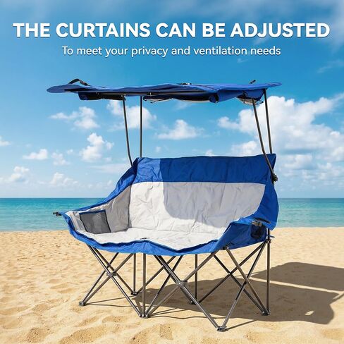 Double Camping Chairs with Canopy Shade Folding Beach Chair Heavy Duty Oversized Outdoor Padded Loveseat Chair 2 Person with Removable Roof Cup Holders Side Pockets Portable Carry Bag,Blue in Saudi Arabia