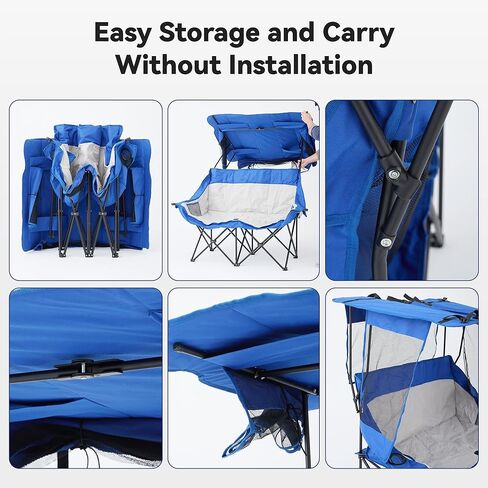 Double Camping Chairs with Canopy Shade Folding Beach Chair Heavy Duty Oversized Outdoor Padded Loveseat Chair 2 Person with Removable Roof Cup Holders Side Pockets Portable Carry Bag,Blue in Saudi Arabia
