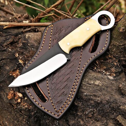 TAC KNIVES 8 بوصة كامل تانغ ثابت بليد سكين صيد للتخييم في الهواء الطلق في غمد هدية له 1095 سكين سكينر من الفولاذ عالي الكربون هدية سكاكين رعاة البقر فطيرة جلدية غمد (خشب 402) in Kuwait