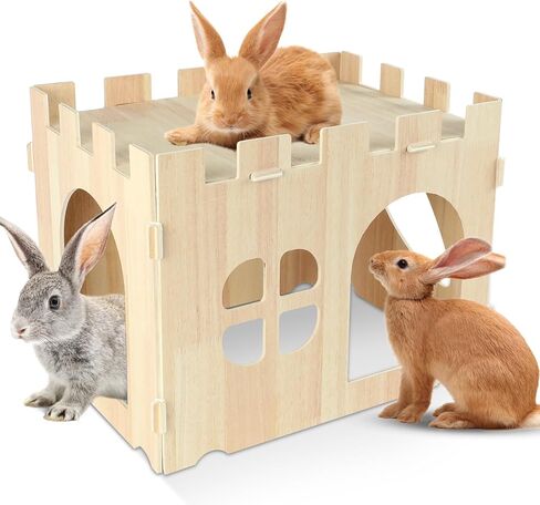 YUEPET Extra Large Wooden Bunny Castle, Ventilated Rabbit Castle Hideaway with Stairs, Detachable Small Animal Hideout & Habitats for Indoor Outdoor Dwarf Rabbits Bunnies to Hide & Play in Saudi Arabia