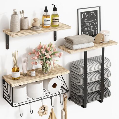 Fixwal Bathroom Floating Shelves Over Toilet Wall Shelves Set with Towel Storage Rack for Bathroom Organization & Wall Decor(Black) in Saudi Arabia