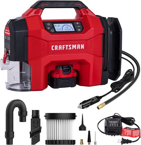 نفخ Craftsman/فراغ/منفاخ 3-في 1 ، ضاغط الهواء المحمول في إطارات الإطارات ، فراغ سيارة هادئ للغاية ، 12 فولت مع مقياس دقيق ، مضخة هواء لإطارات السيارات ، MPV ، السيارة ، الدراجة ، بطارية 20 فولت ، أداة فقط ، أداة فقط in Kuwait