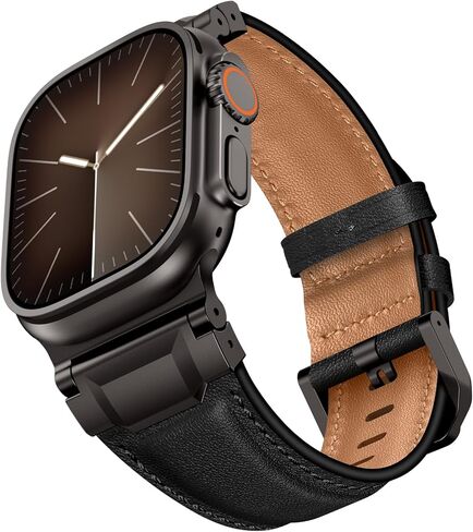 أحزمة جلدية متوافقة مع Apple Watch Ultra 3/2/1 Band 49mm 46mm 45mm 44mm 42mm للرجال، حزام موصل معدني من الجلد الطبيعي لسلسلة iWatch Ultra 11/10/9/8/7/SE/6/5/4/3/2/1، أسود/أسود in Saudi Arabia