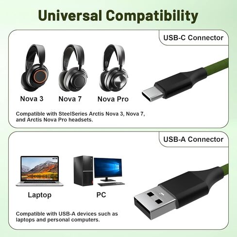 كابل شحن USB-C بطول 6.6أقدام متوافق مع سماعات الألعاب SteelSeries Arctis Nova Pro/Nova 3/Nova 4/Nova 7، سلك USB بديل متين من النوع C (أخضر) in Kuwait
