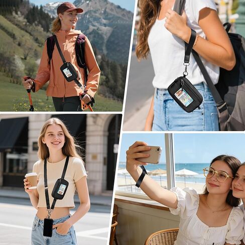 حزام هاتف FUVLIFE Clip and Go مع محفظة RFID وحبل للهاتف الخلوي للنساء، محفظة معصم قابلة للفصل مع نافذة لبطاقة الهوية وسحاب (أسود) in Saudi Arabia
