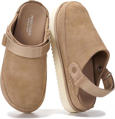 Project Cloud Genine Suede Clogs for Women - Memory Foam Platform Swogs Womens Shoes - Slides Nonslip for Women W/أحزمة نسبة وبغال نسائية خفيفة الوزن للنساء 2024 (Goldstar ، Taup ، 6) in Saudi Arabia