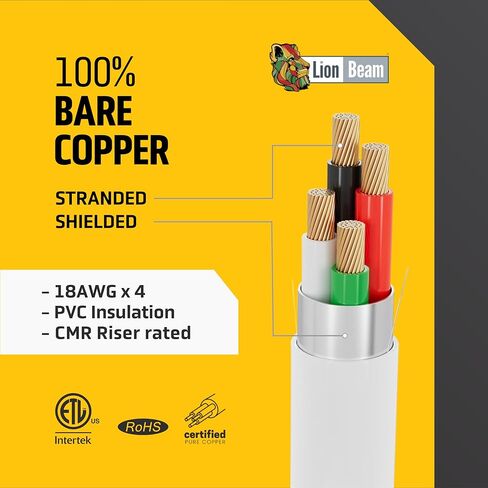 LION BEAM™ 18/4 Low Voltage Cable 1000FT Reel - Stranded Shielded 100% Bare Copper Audio and Security Wire CMR Insulated, 18AWG and 4 Conductors Bulk Cable for CCTV, ACS, Alarm and Audio Systems in Saudi Arabia