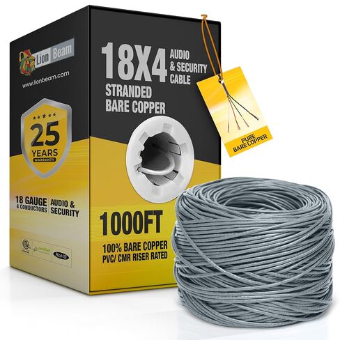 LION BEAM™ 18/4 Low Voltage Cable 1000FT Reel - Stranded Shielded 100% Bare Copper Audio and Security Wire CMR Insulated, 18AWG and 4 Conductors Bulk Cable for CCTV, ACS, Alarm and Audio Systems in Saudi Arabia