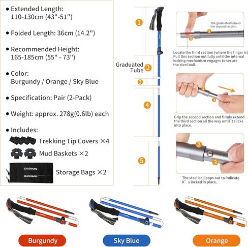 2-Pack 7075 Aluminum Ultra-Light Folding Trekking Poles - Professional Hiking Walking Sticks, Adjustable, Portable for Trekking, Camping, Mountaineering in Saudi Arabia