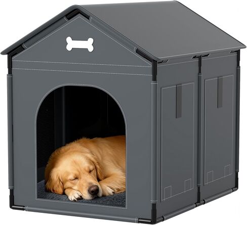 Extra Large Dog House Indoor with Plush Cushion, Dog Kennel for Inside with Sturdy Frame, Waterproof Pet House Suitable for Medium Large Dogs, 34x27x34in, Gray in Kuwait