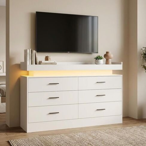 TV Stand Cabinet with LED Lights & Charging Station, Coffee Bar Cabinet Floating Countertop, Modern Sideboard Buffet 6 Drawers for Home, Living Room, White in Saudi Arabia