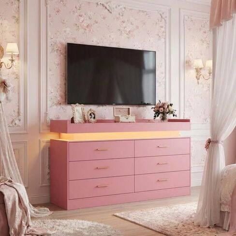 TV Stand Cabinet with LED Lights & Charging Station, Coffee Bar Cabinet Floating Countertop, Modern Sideboard Buffet 6 Drawers for Home, Living Room, White in Saudi Arabia