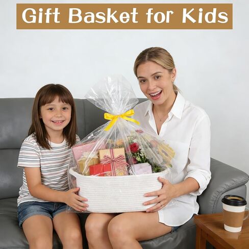 Large Empty Gift Baskets for Baby Shower with Handles 16" L x 12" W x 7" H Woven Storage Basket with Gift Bags and Ribbons Cat Dog Pet Toy Organizer Cute Cotton Rope Storage Basket, White in Saudi Arabia