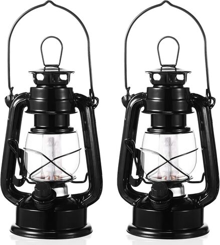 Hortsun 8 Pcs 8 Inch Vintage LED Hurricane Lantern Metal Black Outdoor Battery Operated Hanging Lantern with Warm LEDs and Dimmer Switch for Indoor Rustic Farmhouse Country Camping Decor in Saudi Arabia